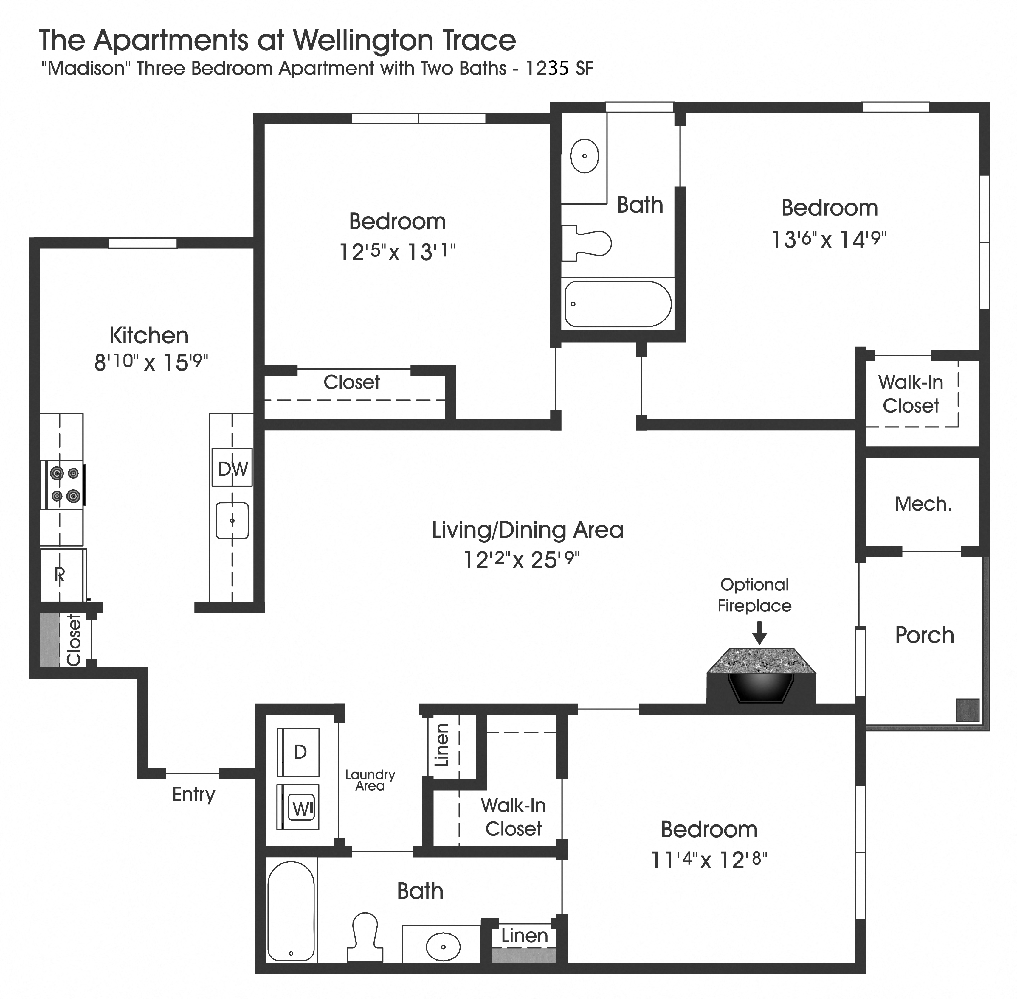 Floor plan for 3 beds, 2 baths, 1235 sqft